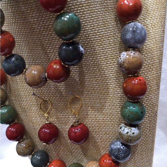 Tribal Earth Toned Colorful Beaded Necklace, Bracelet, and Earring Set - Picture 2 of 14